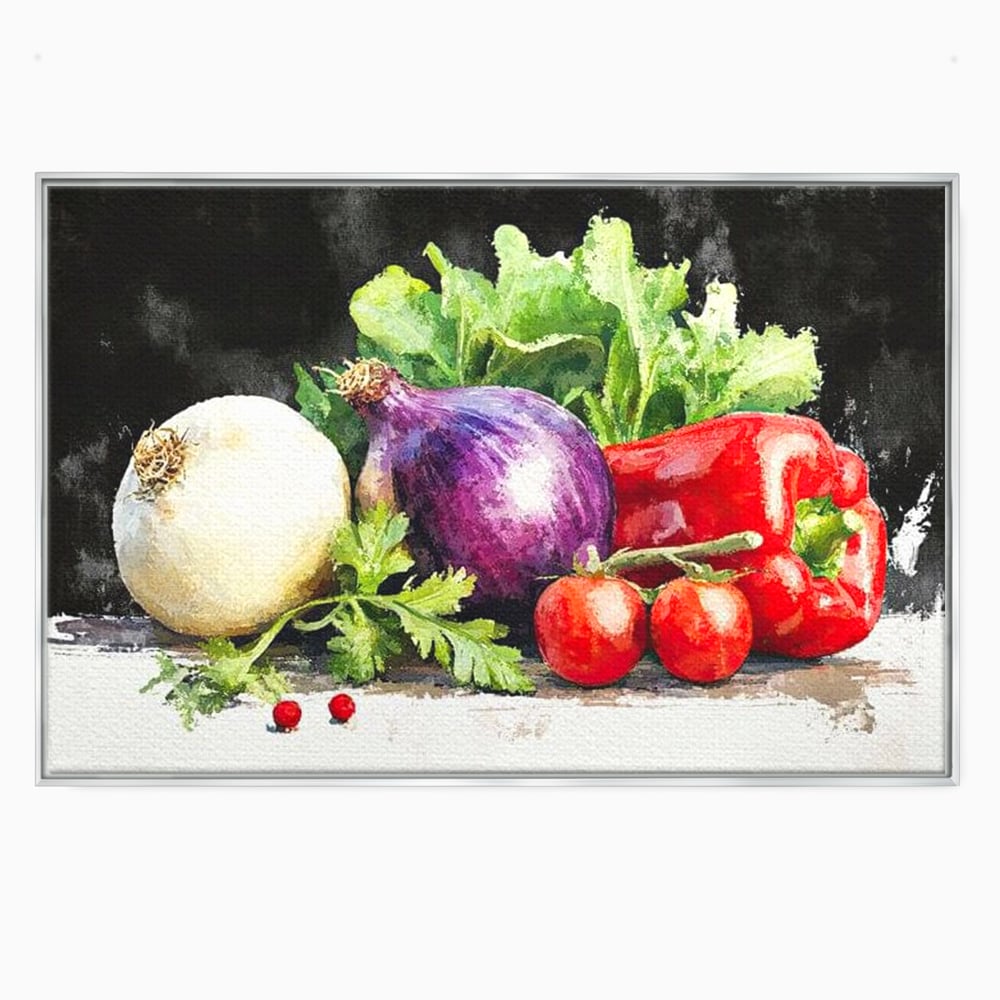 Tablou canvas cu pictura cu legume proaspete si verdeturi, in rama de aluminiu argintiu